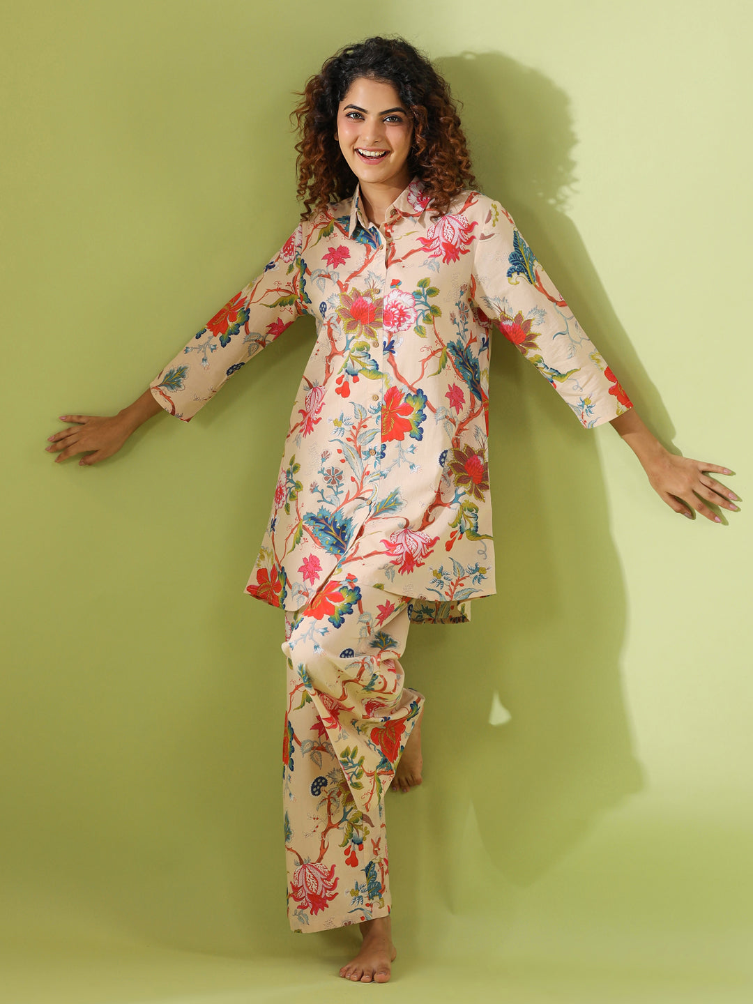 Beige Printed pure cotton co-ord set