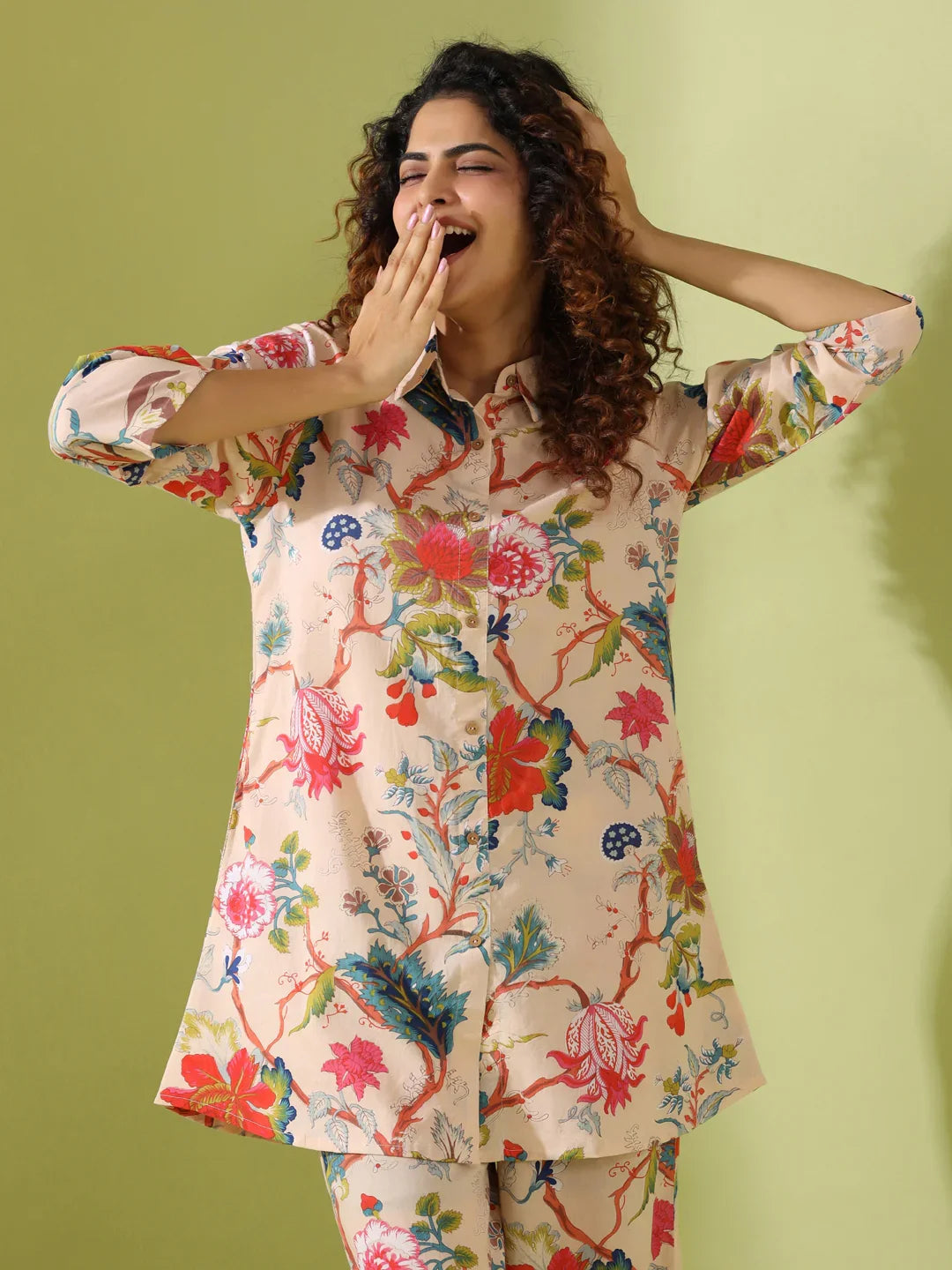 Beige Printed pure cotton co-ord set - SanskrutiHomes