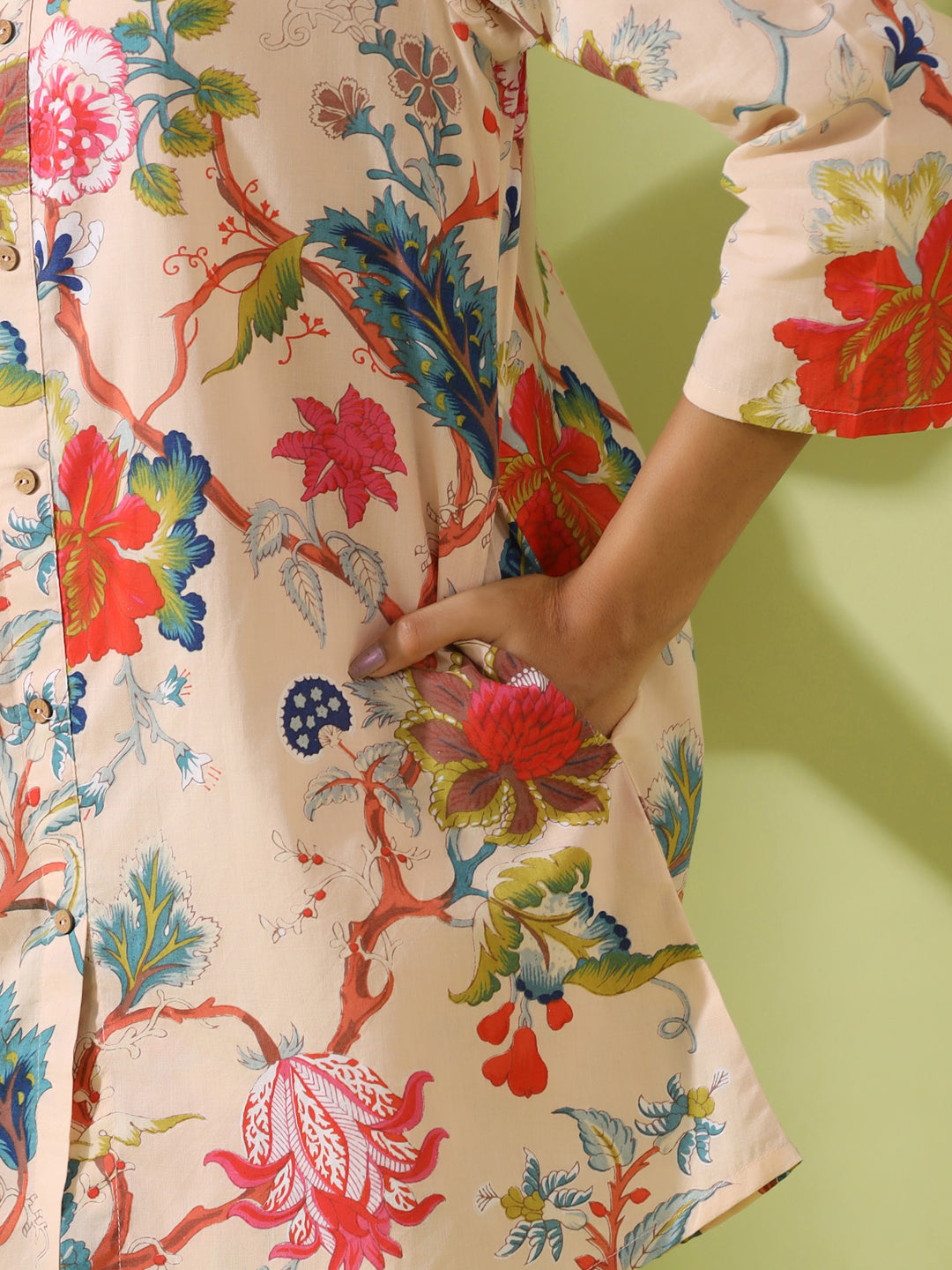 Beige Printed pure cotton co-ord set