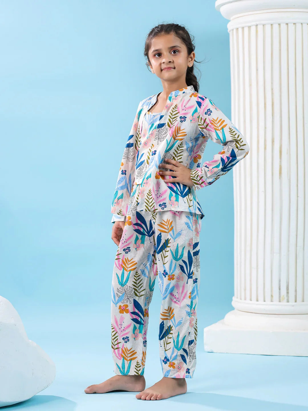 Set of 3 Floral Printed Kids Night Suit - SanskrutiHomes