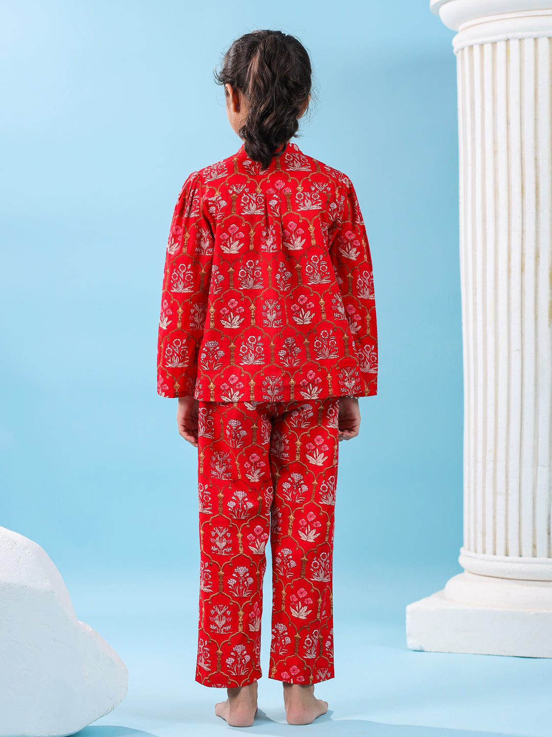 Red Floral Cotton Night Suit for Kids
