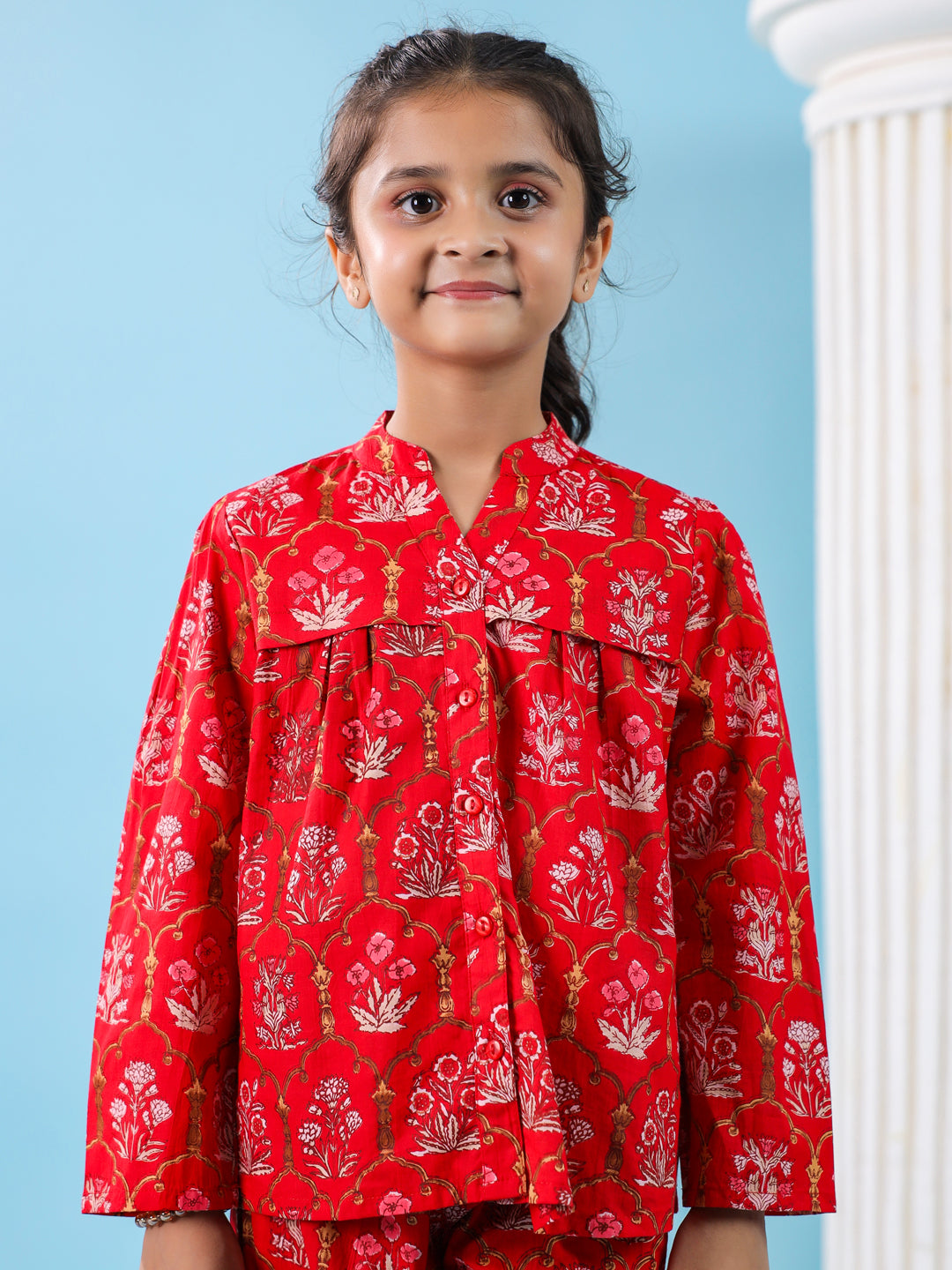 Red Floral Cotton Night Suit for Kids