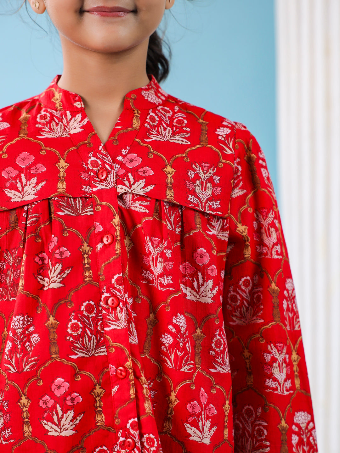 Red Floral Cotton Night Suit for Kids