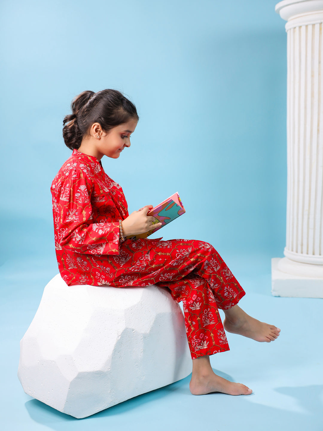 Red Floral Cotton Night Suit for Kids