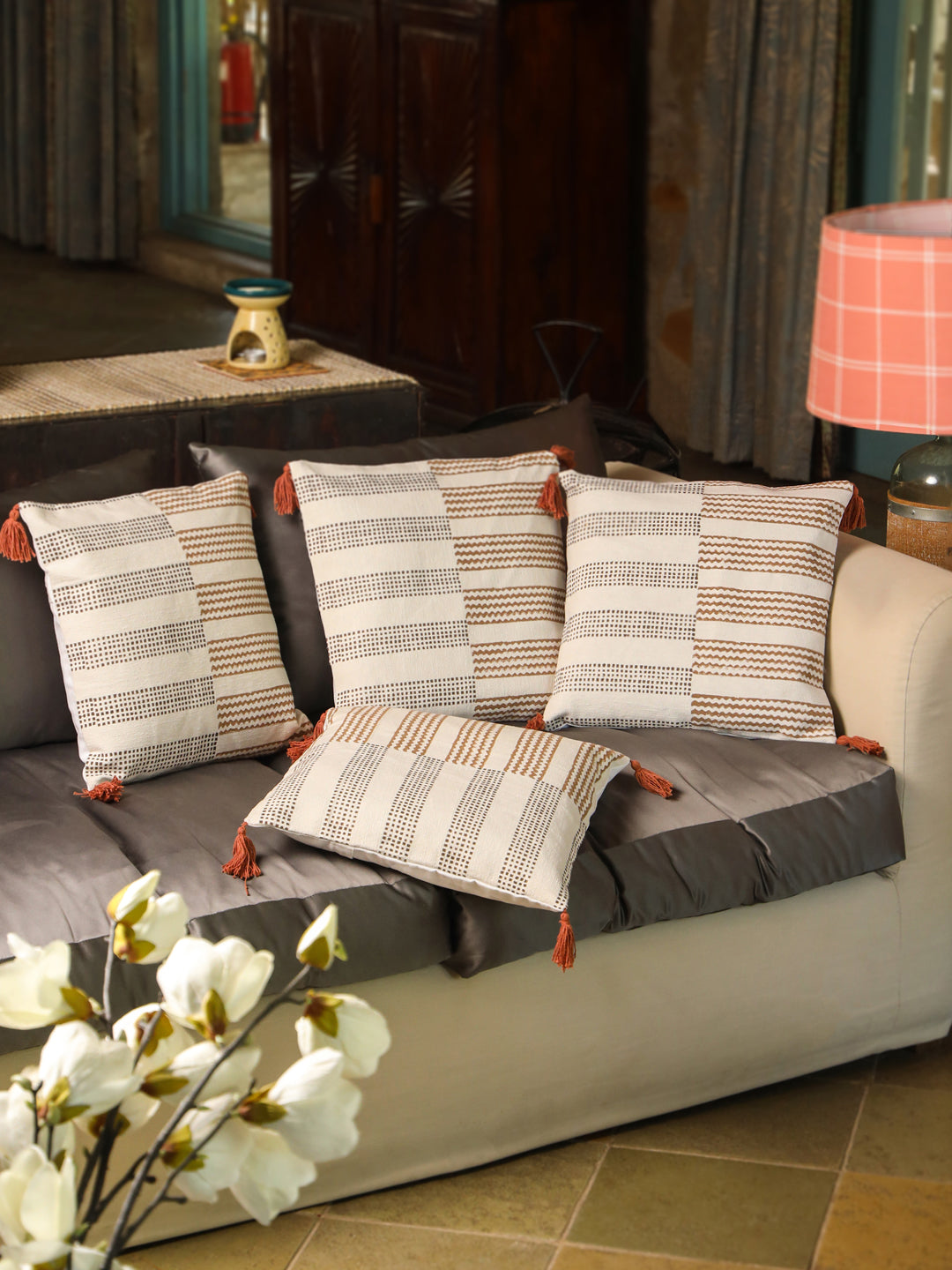 Cotton Brown Colour Geometric Cushion Covers