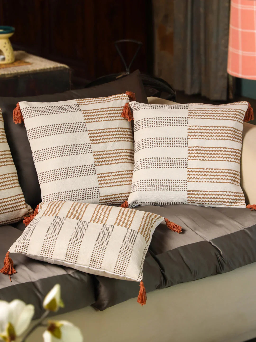 Cotton Brown Colour Geometric Cushion Covers - SanskrutiHomes