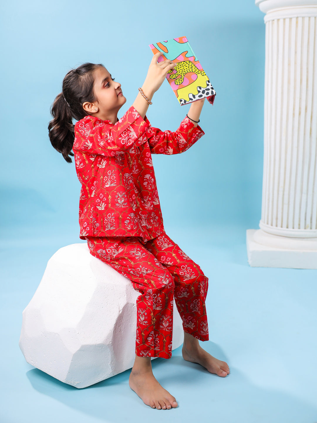 Red Floral Cotton Night Suit for Kids