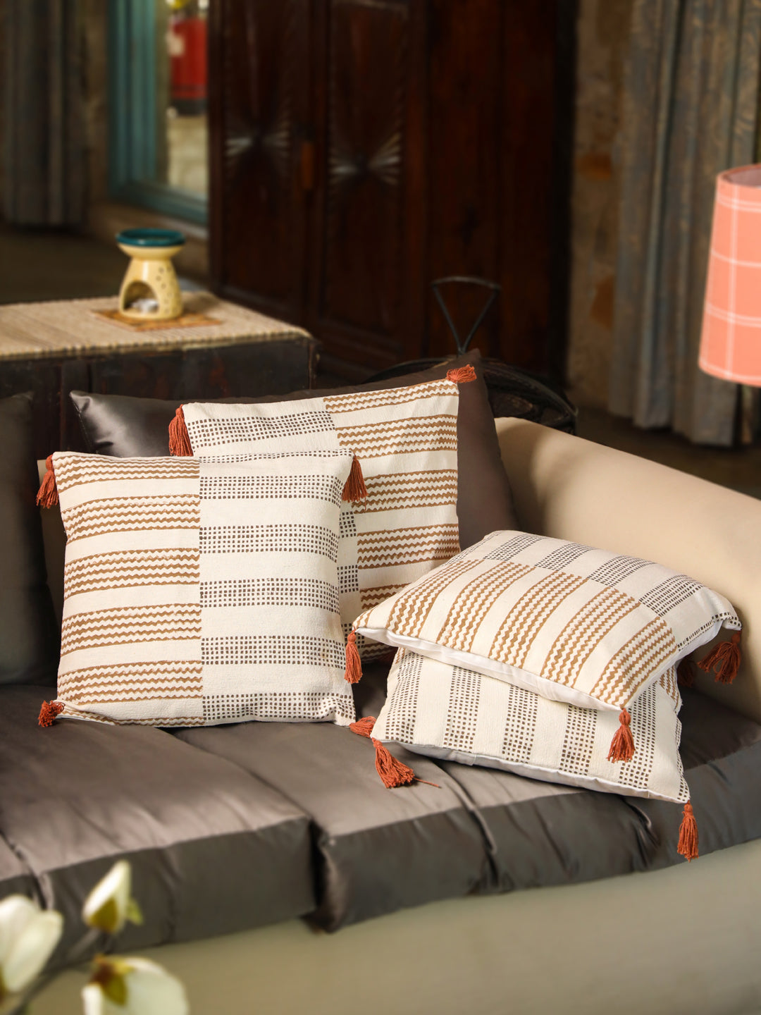 Cotton Brown Colour Geometric Cushion Covers