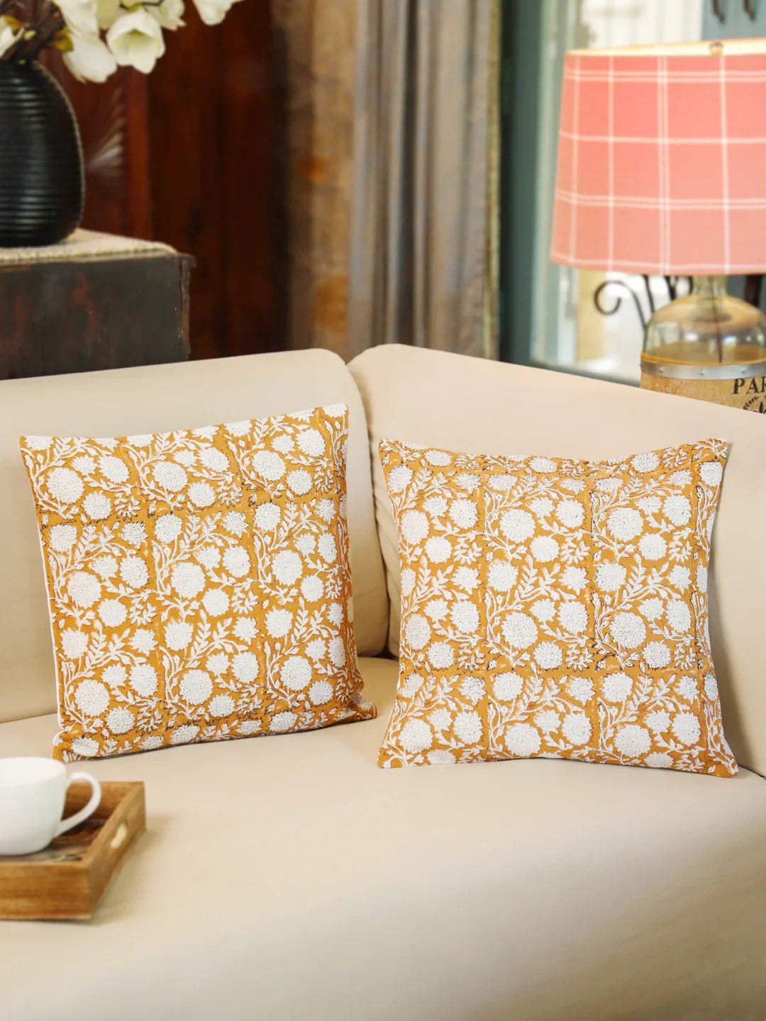 Cotton Orange Colour Floral Cushion Covers - SanskrutiHomes