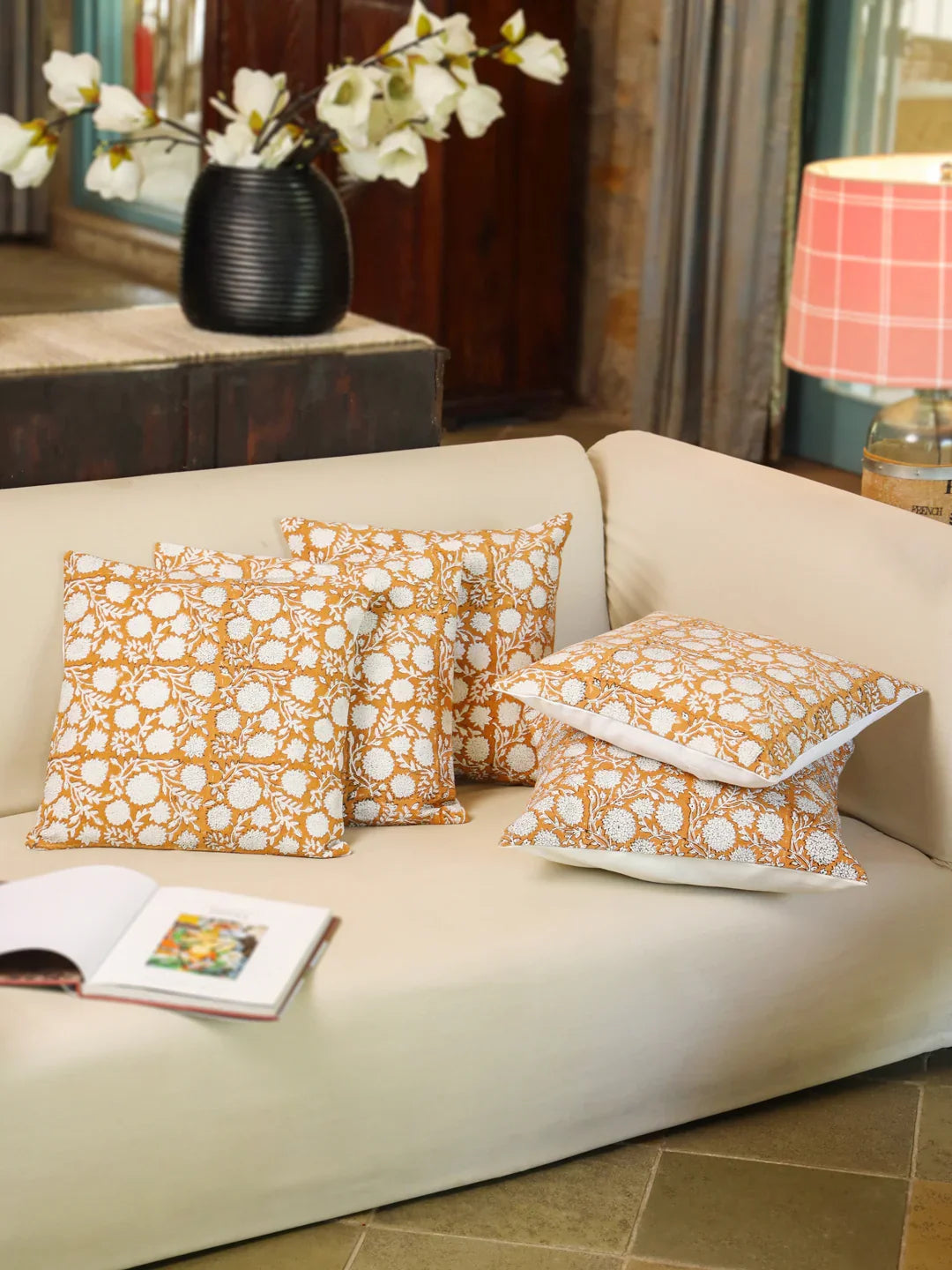 Cotton Orange Colour Floral Cushion Covers - SanskrutiHomes