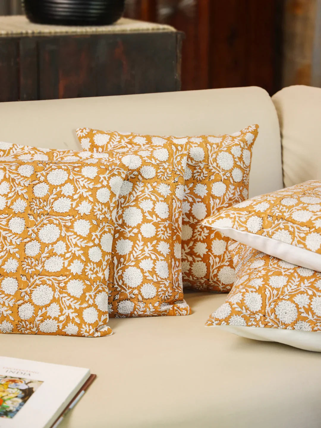 Cotton Orange Colour Floral Cushion Covers - SanskrutiHomes