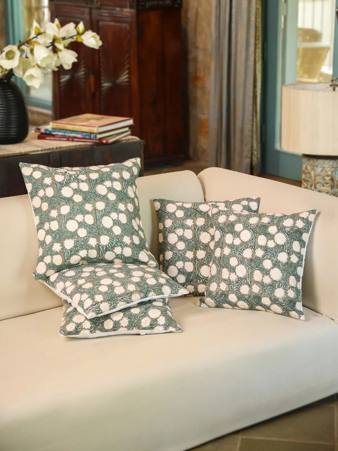 Cotton Off White Colour Floral Cushion Covers - SanskrutiHomes