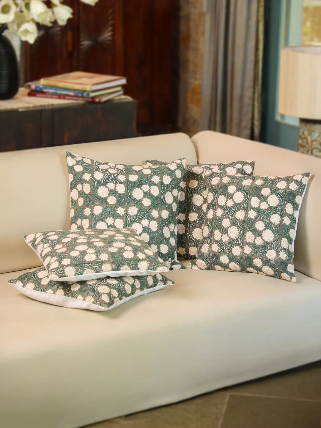 Cotton Off White Colour Floral Cushion Covers - SanskrutiHomes