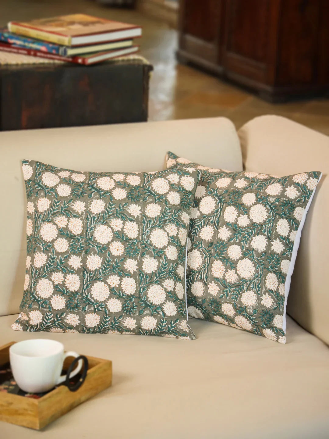Cotton Off White Colour Floral Cushion Covers - SanskrutiHomes