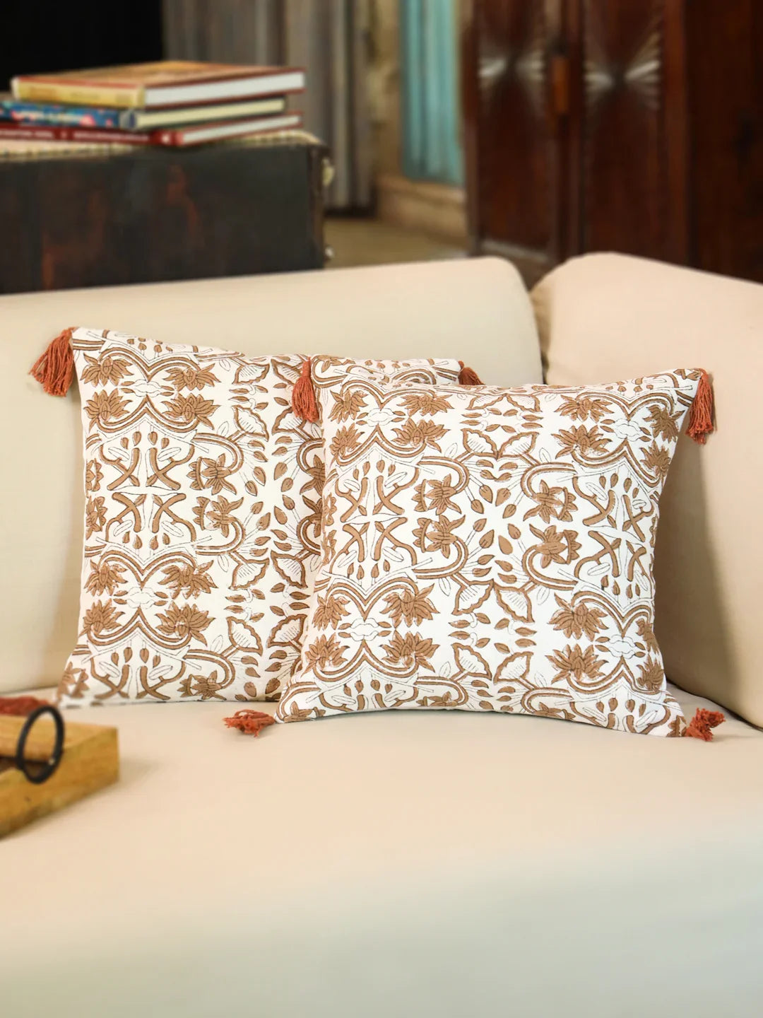 Cotton Brown Colour Ethnic Motifs Cushion Covers - SanskrutiHomes