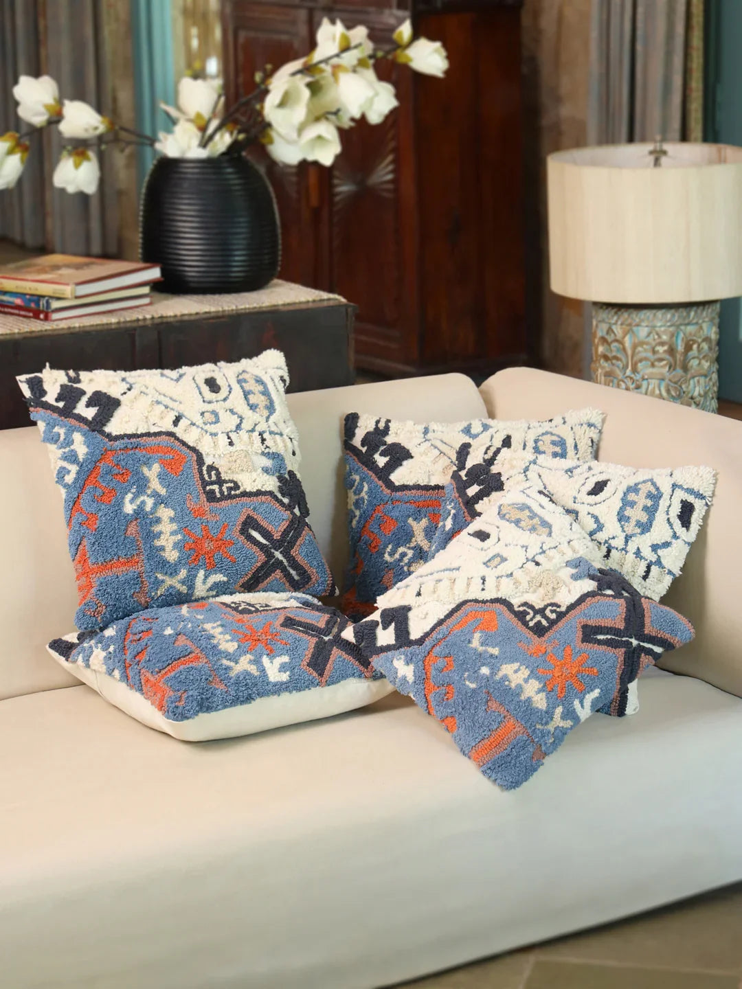 Cotton Blue Colour Embroidered Cushion Covers - SanskrutiHomes