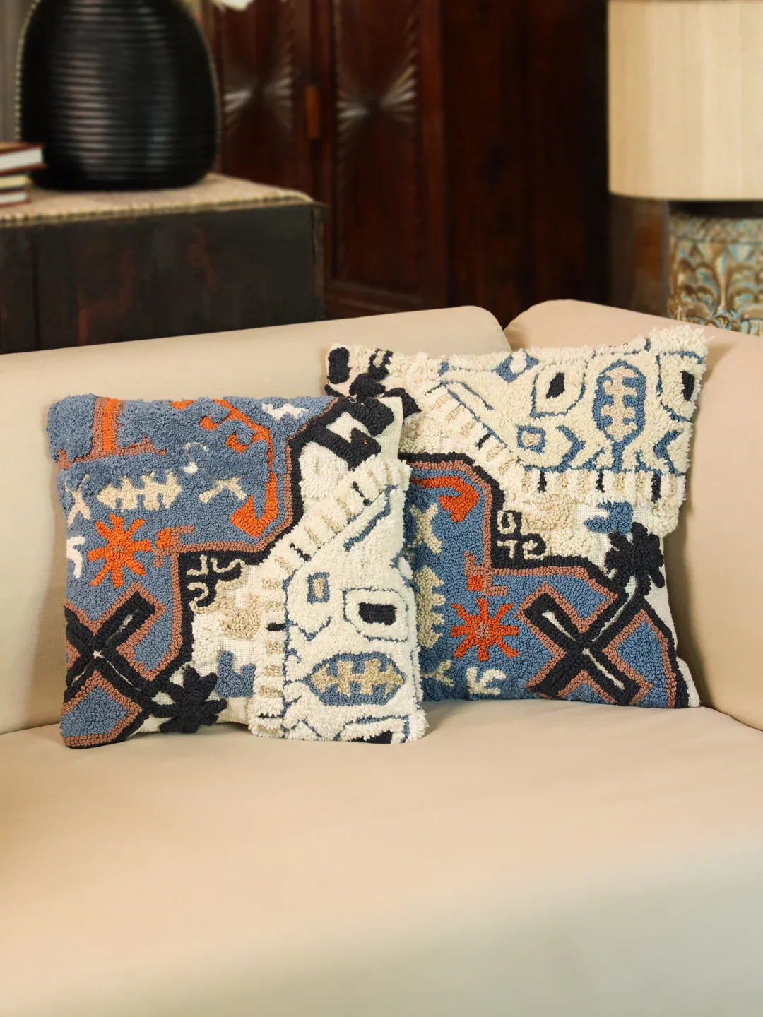 Cotton Blue Colour Embroidered Cushion Covers - SanskrutiHomes