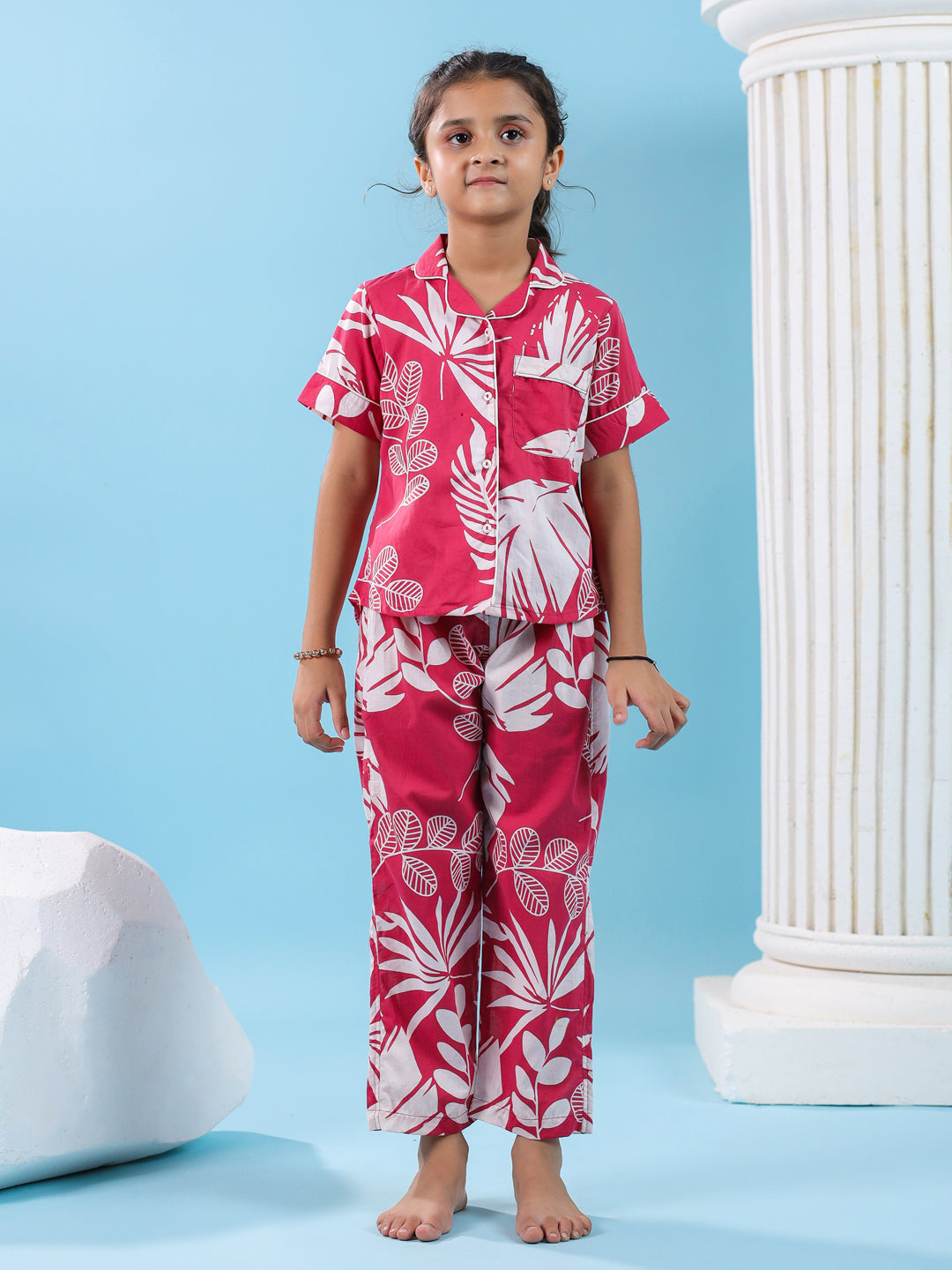 Pink Floral Cotton Night Suit for Kids