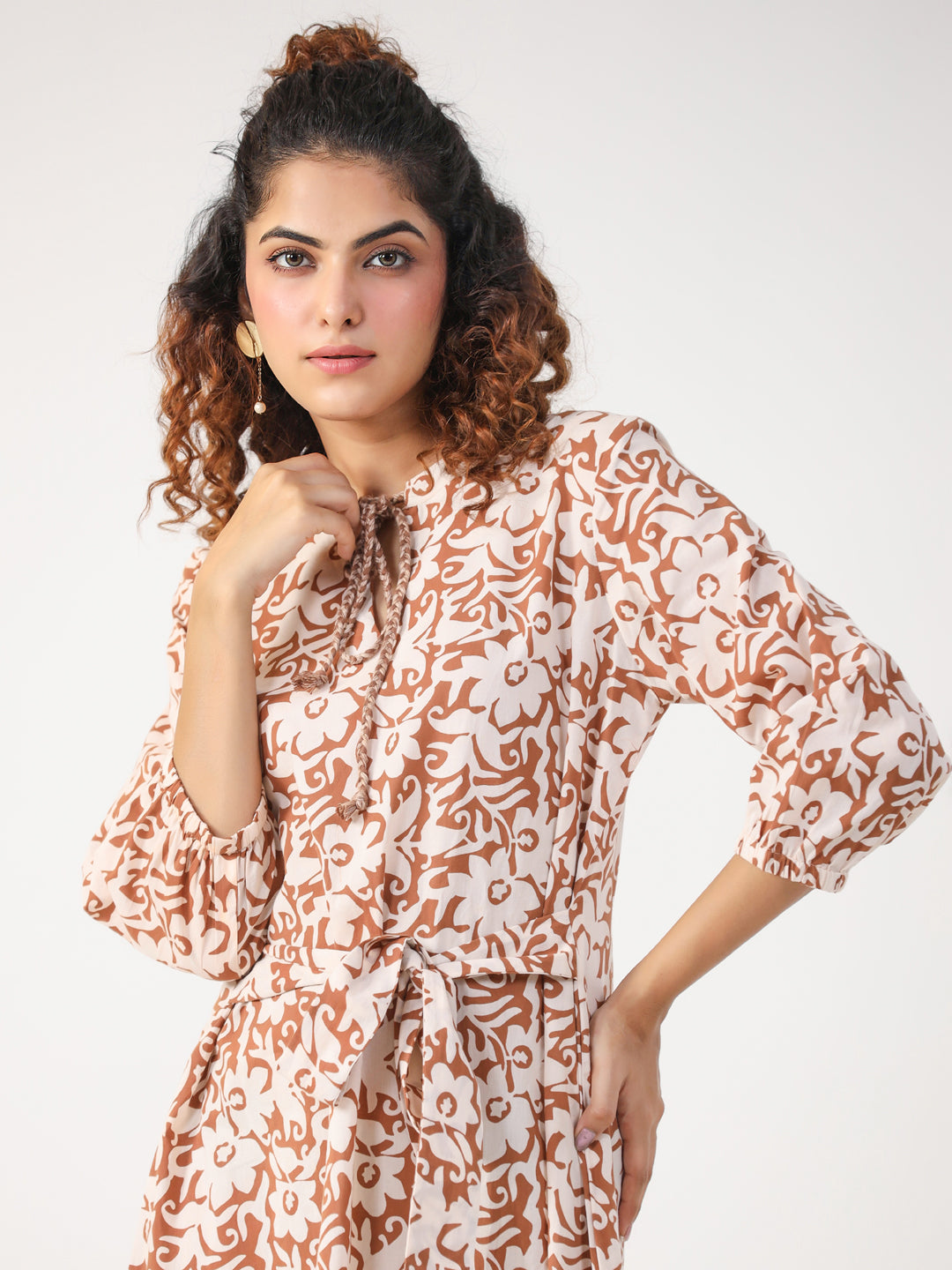 Rust Floral Printed Puffed Sleeves Round Neck Pure Cotton A-Line Night Dress
