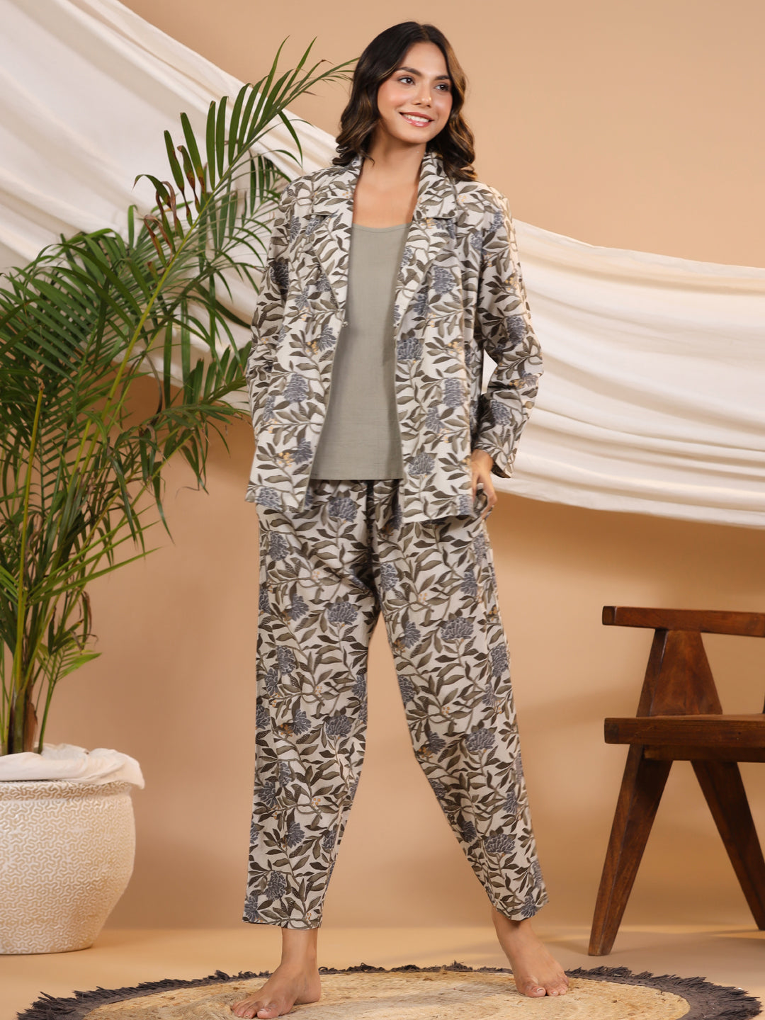 Leaf And Floral Cotton Night Suit Set