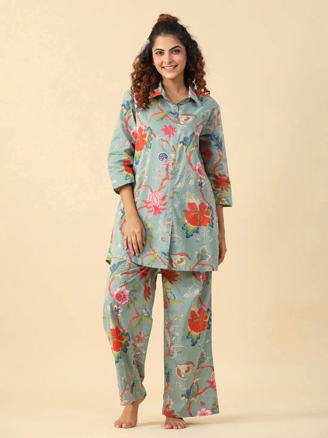 Green Printed pure cotton co-ord set - SanskrutiHomes