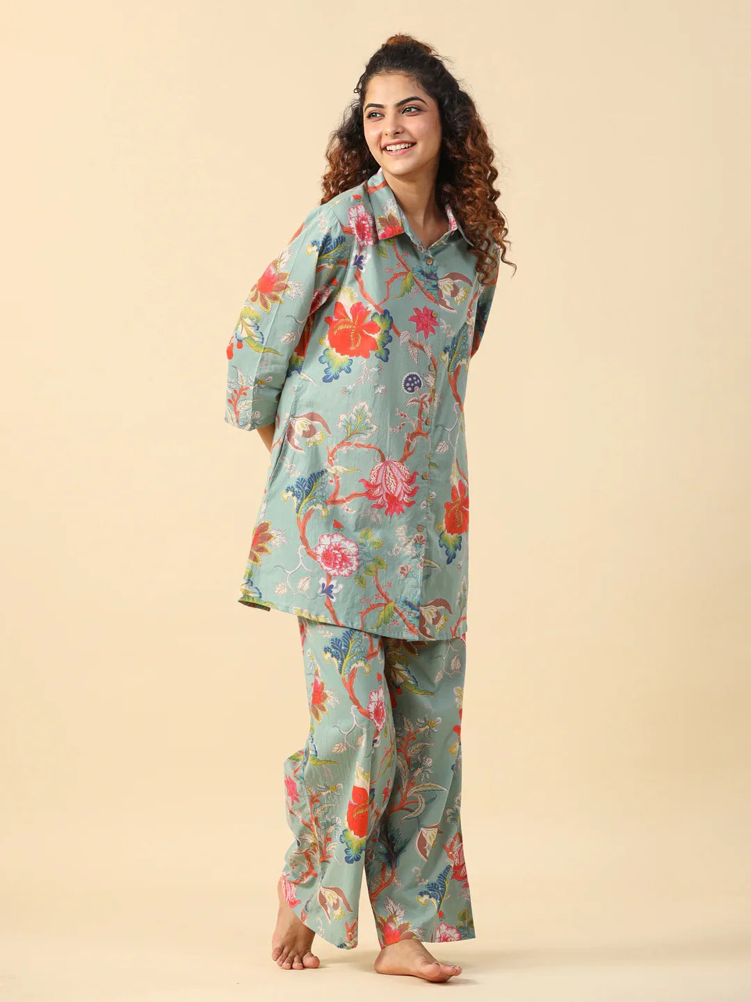 Green Printed pure cotton co-ord set - SanskrutiHomes