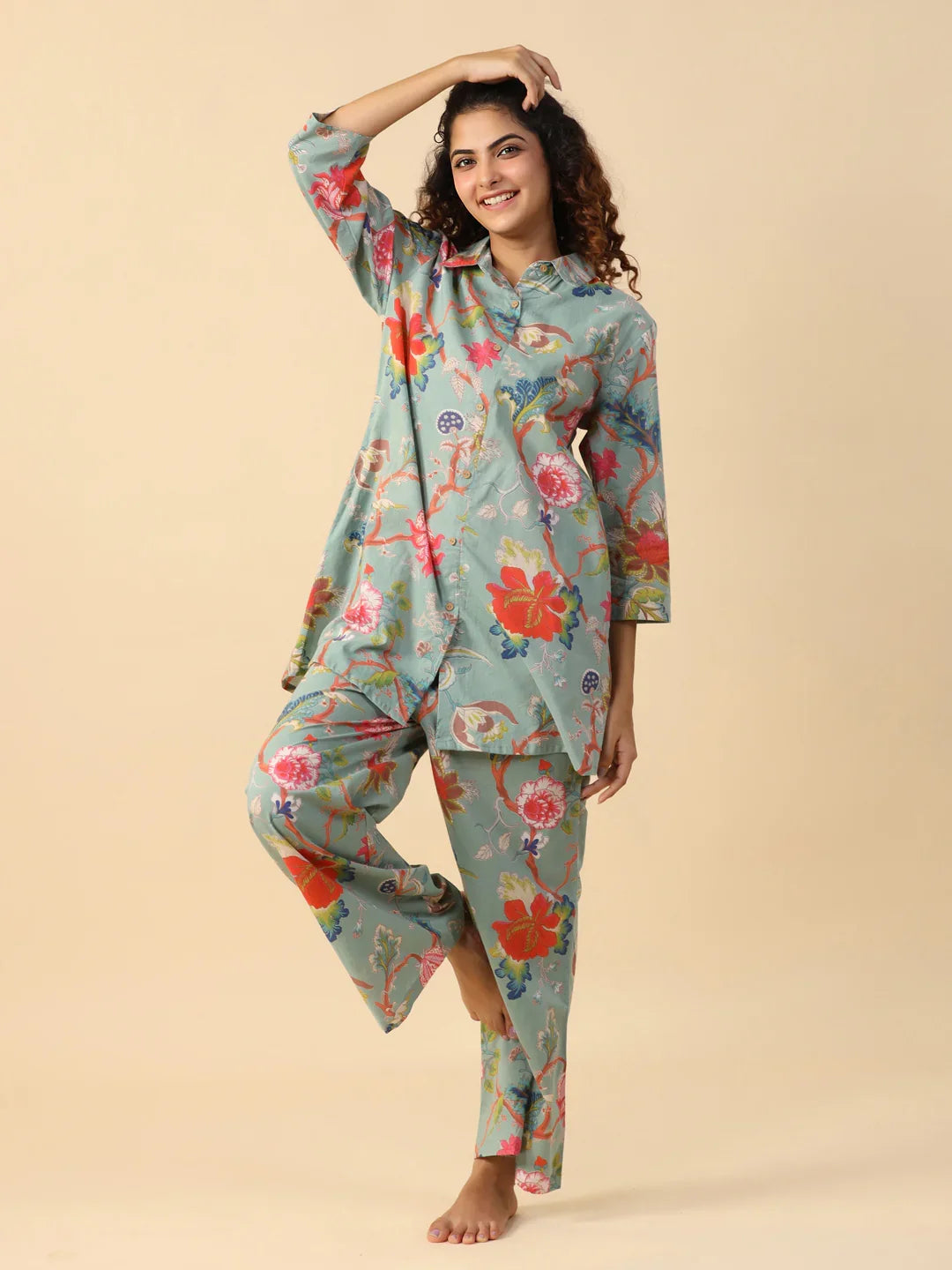 Green Printed pure cotton co-ord set - SanskrutiHomes
