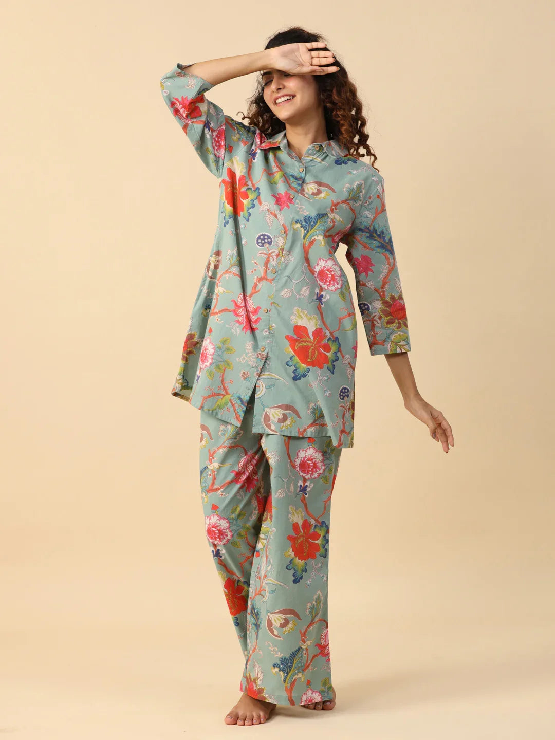 Green Printed pure cotton co-ord set - SanskrutiHomes