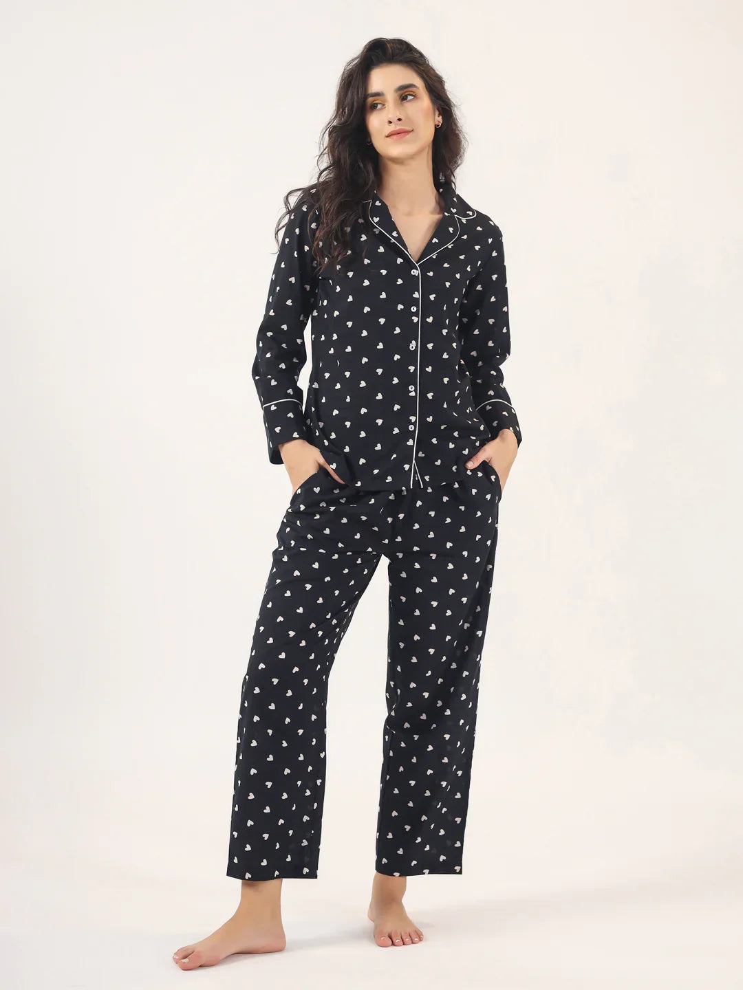 Heart print BLACK Cotton Night SUIT - SanskrutiHomes