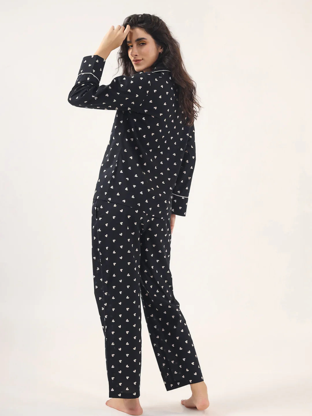Heart print BLACK Cotton Night SUIT - SanskrutiHomes