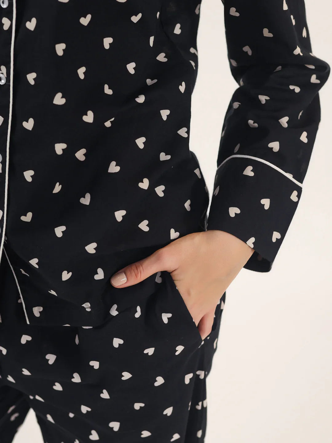 Heart print BLACK Cotton Night SUIT - SanskrutiHomes