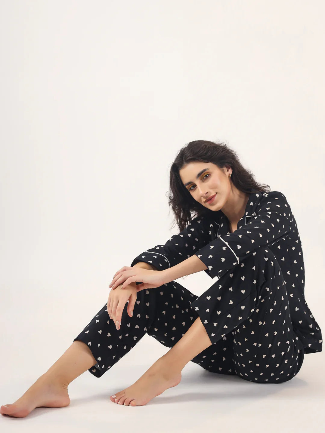 Heart print BLACK Cotton Night SUIT - SanskrutiHomes