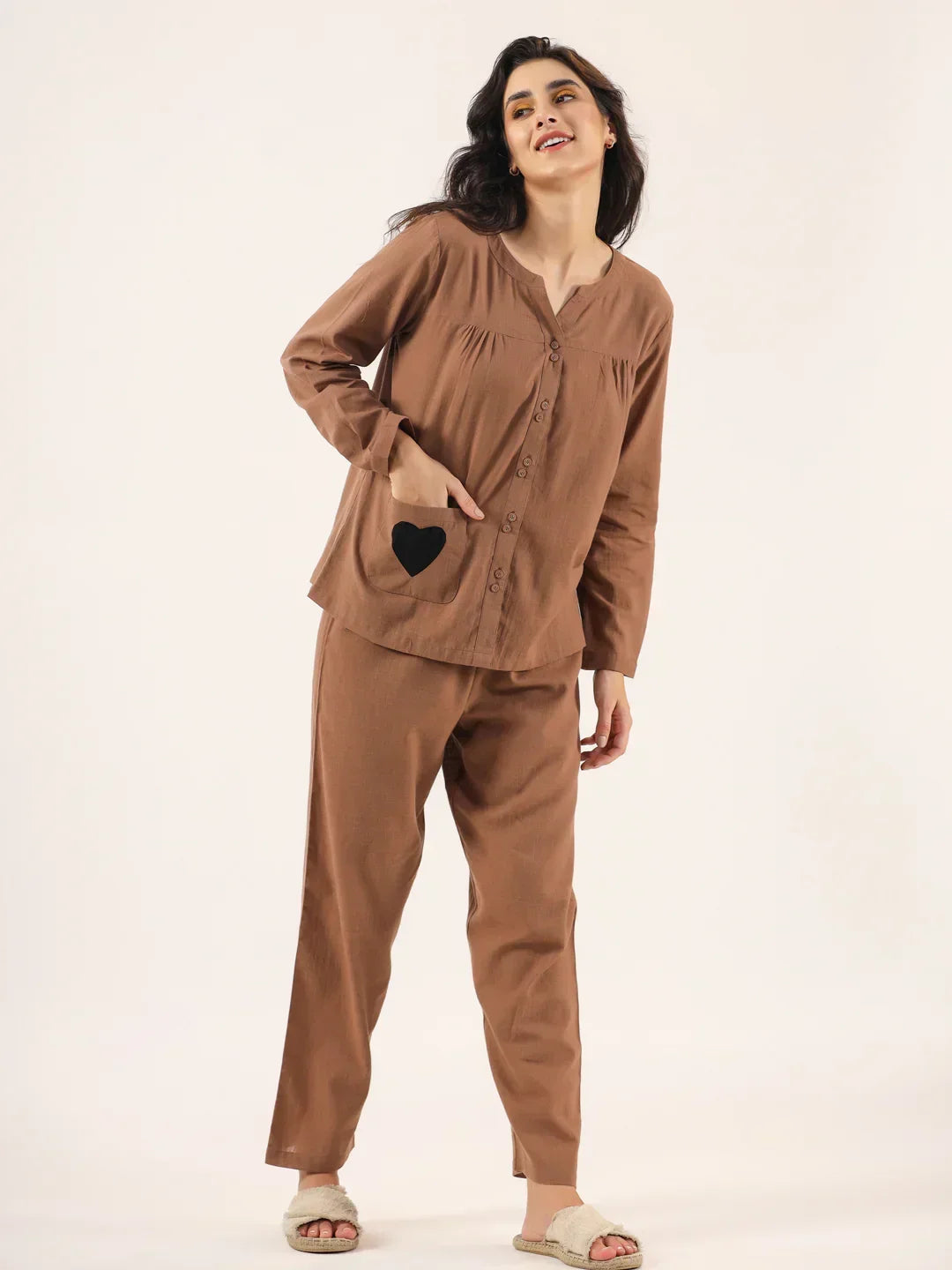 Brown Solid Cotton Round Neck Night Suit - SanskrutiHomes