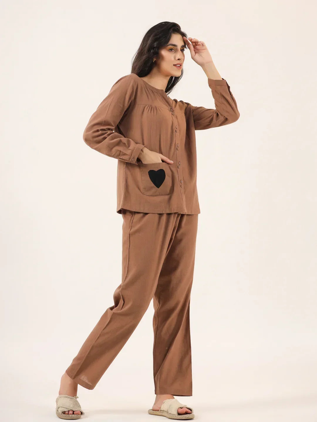 Brown Solid Cotton Round Neck Night Suit - SanskrutiHomes
