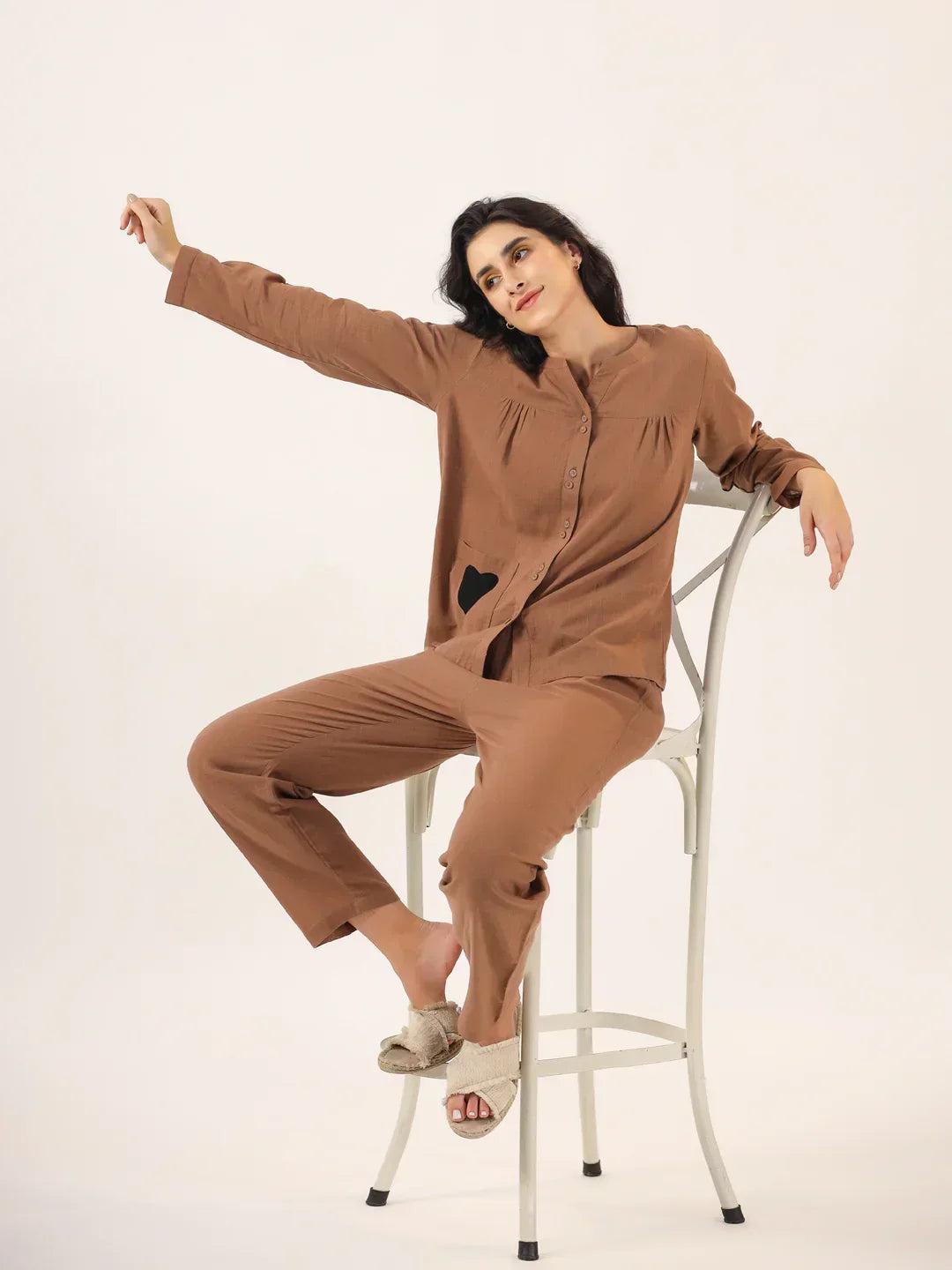 Brown Solid Cotton Round Neck Night Suit - SanskrutiHomes
