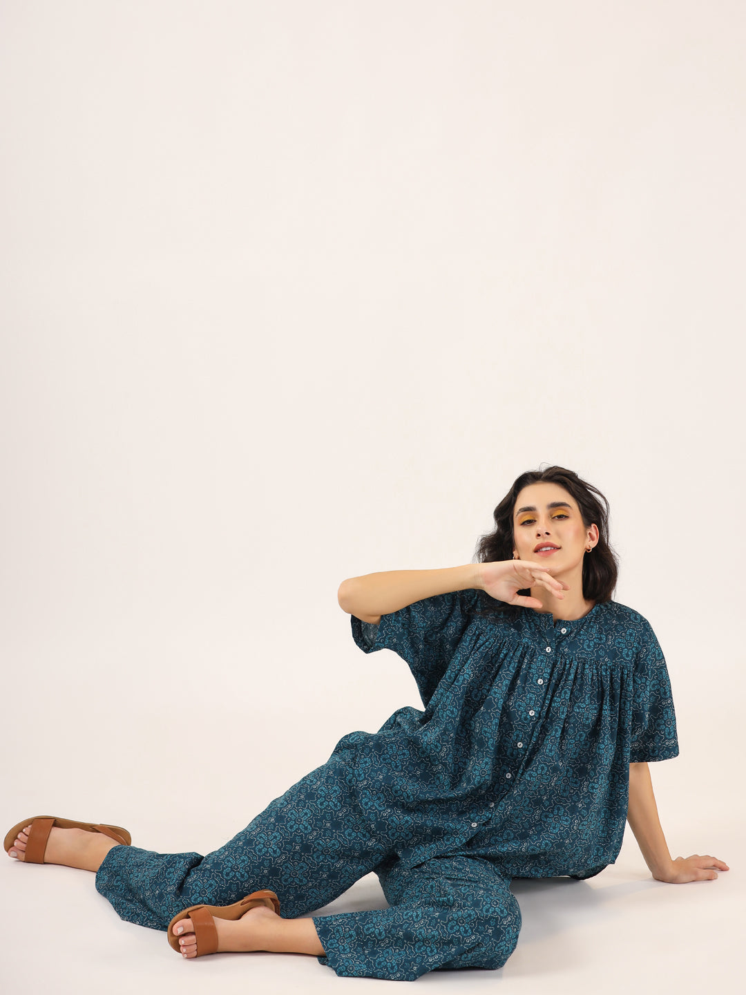 BLUE PRINTED DITSY Cotton Night SUIT - SanskrutiHomes