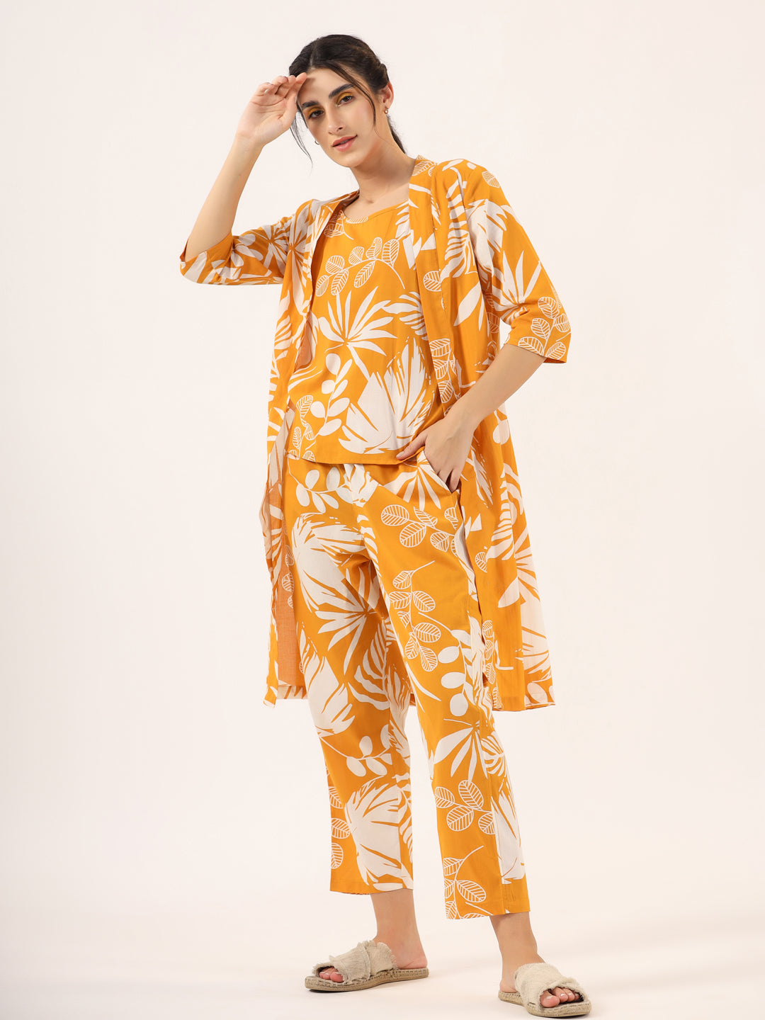 Yellow Pure Cotton 3 peice Night SUIT