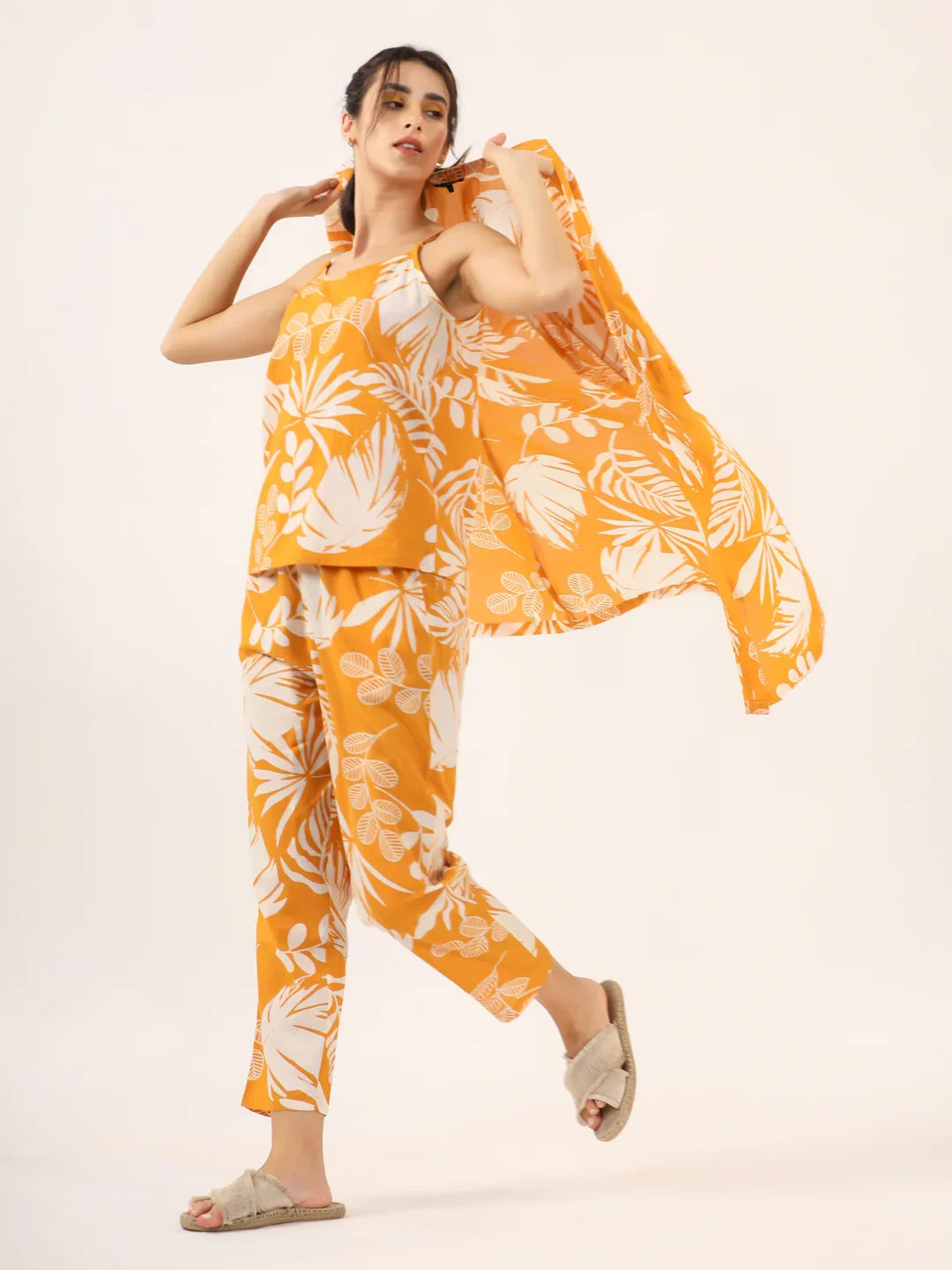 Yellow Pure Cotton 3 peice Night SUIT - SanskrutiHomes
