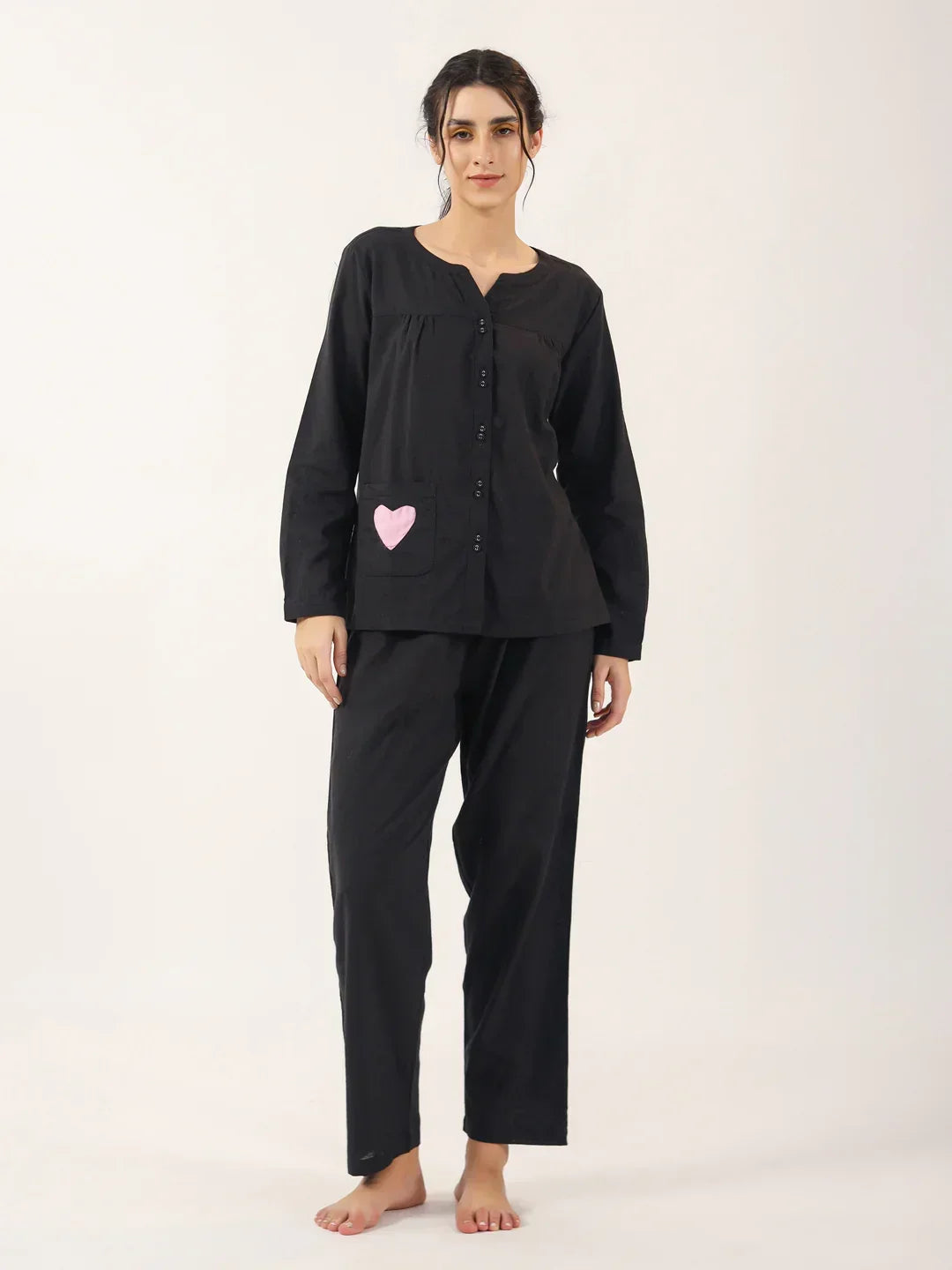 Black solid Cotton Night SUIT - SanskrutiHomes