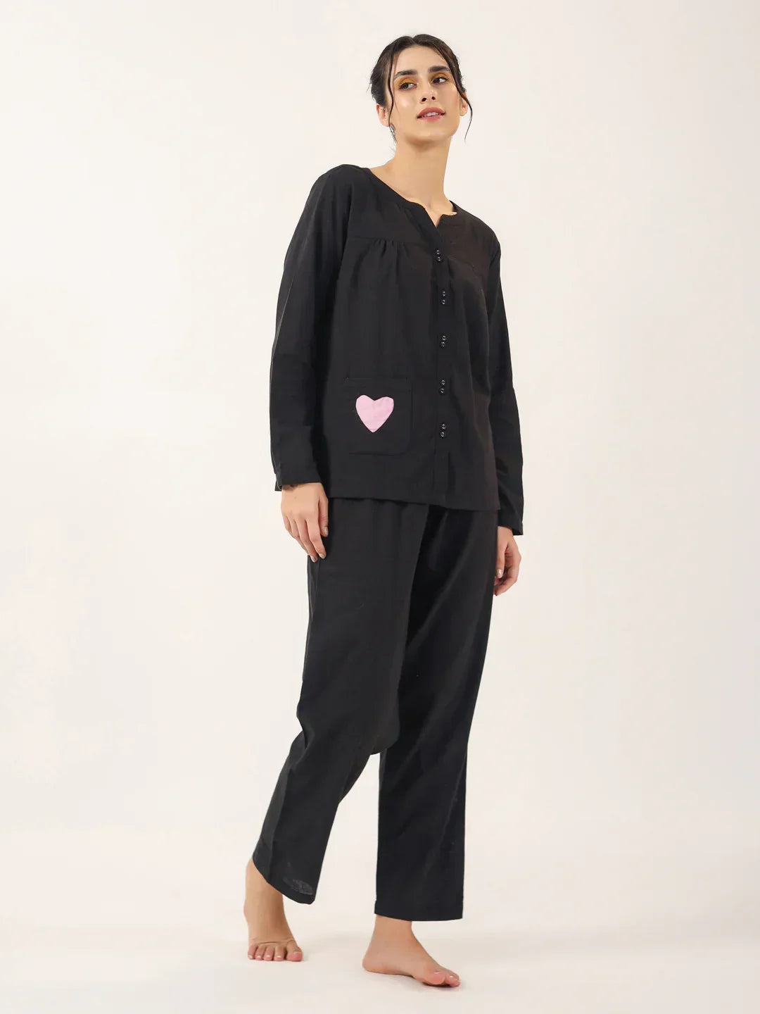 Black solid Cotton Night SUIT - SanskrutiHomes