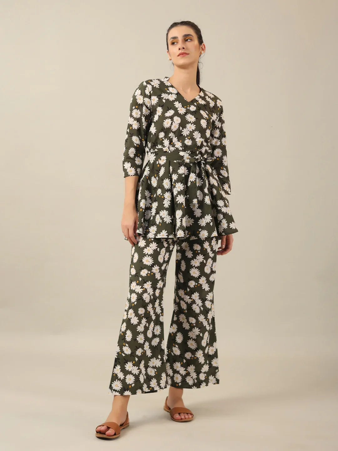 Green Floral PEPLUM Printed cotton co-ord Set - SanskrutiHomes