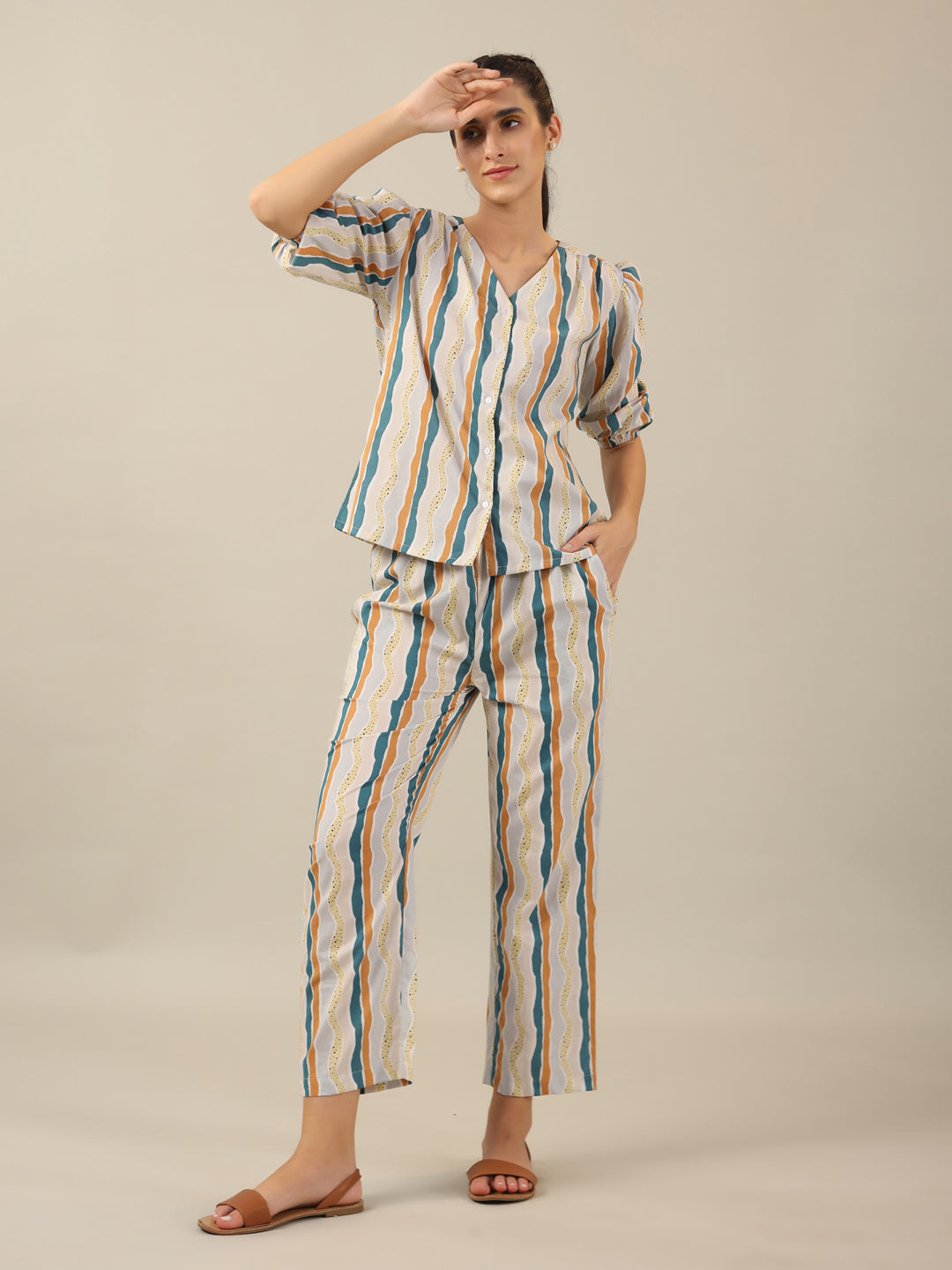 Line print Cotton Night SUIT