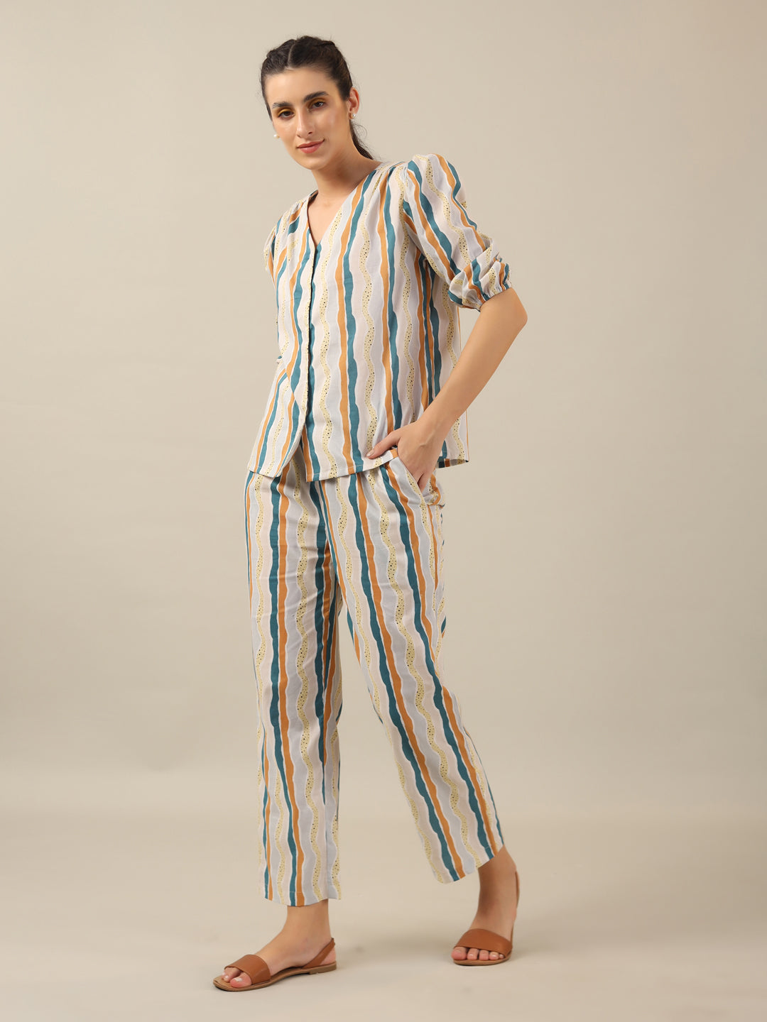 Line print Cotton Night SUIT