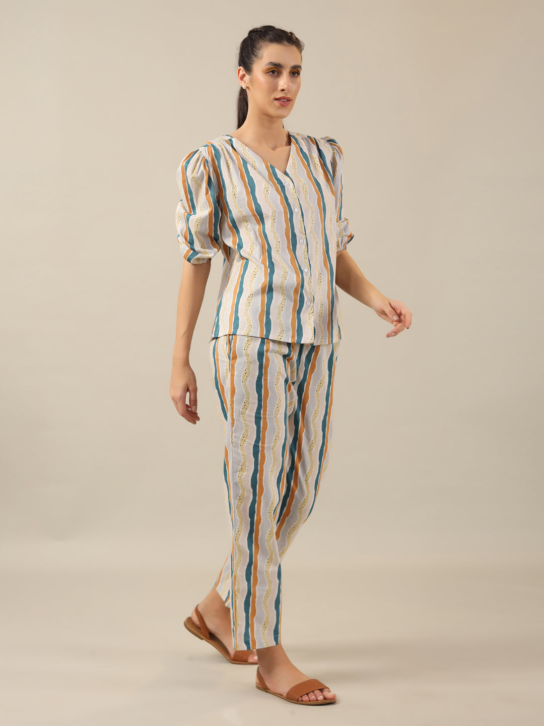 Line print Cotton Night SUIT