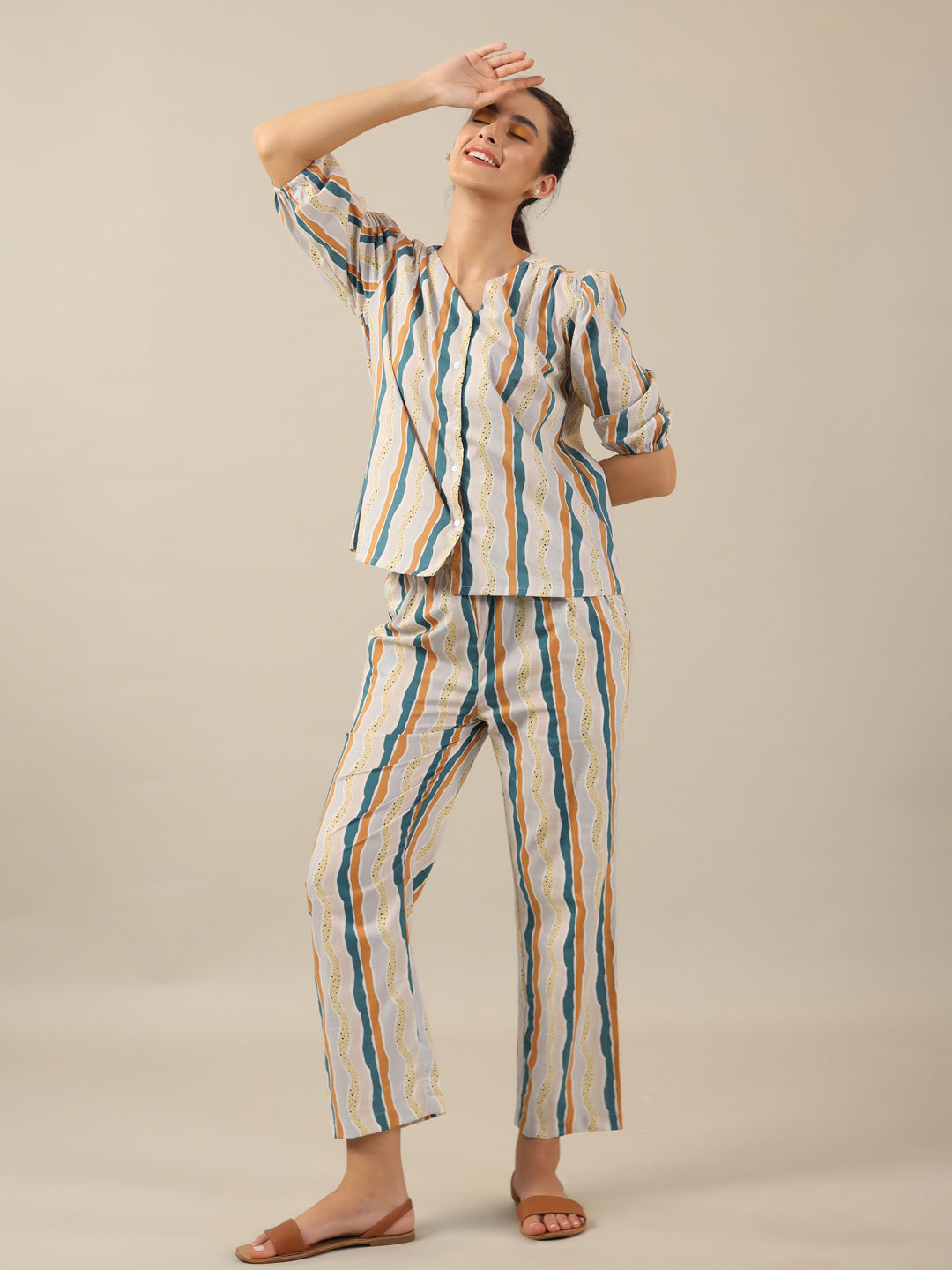 Line print Cotton Night SUIT