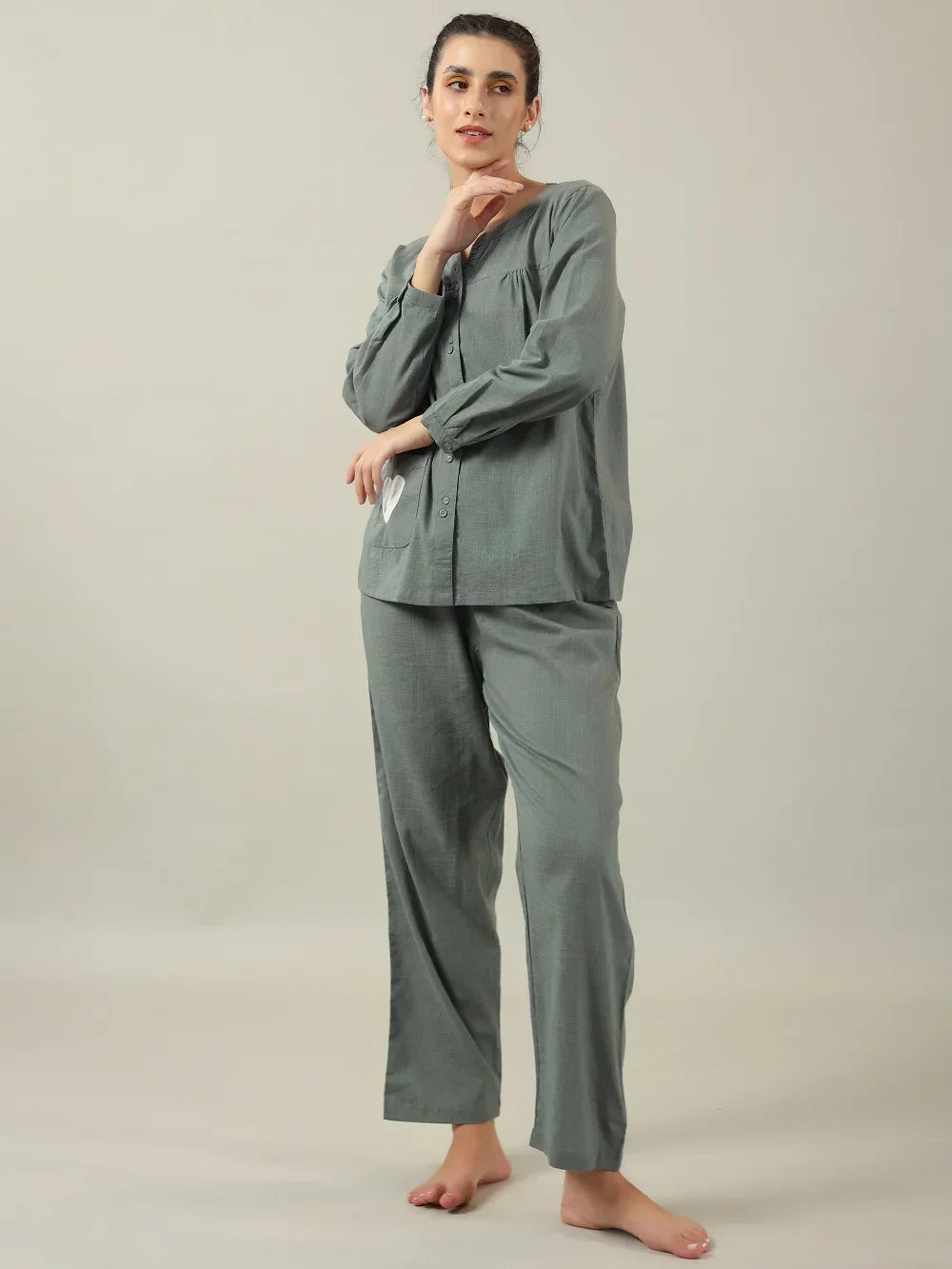 Grey solid Cotton Night SUIT - SanskrutiHomes