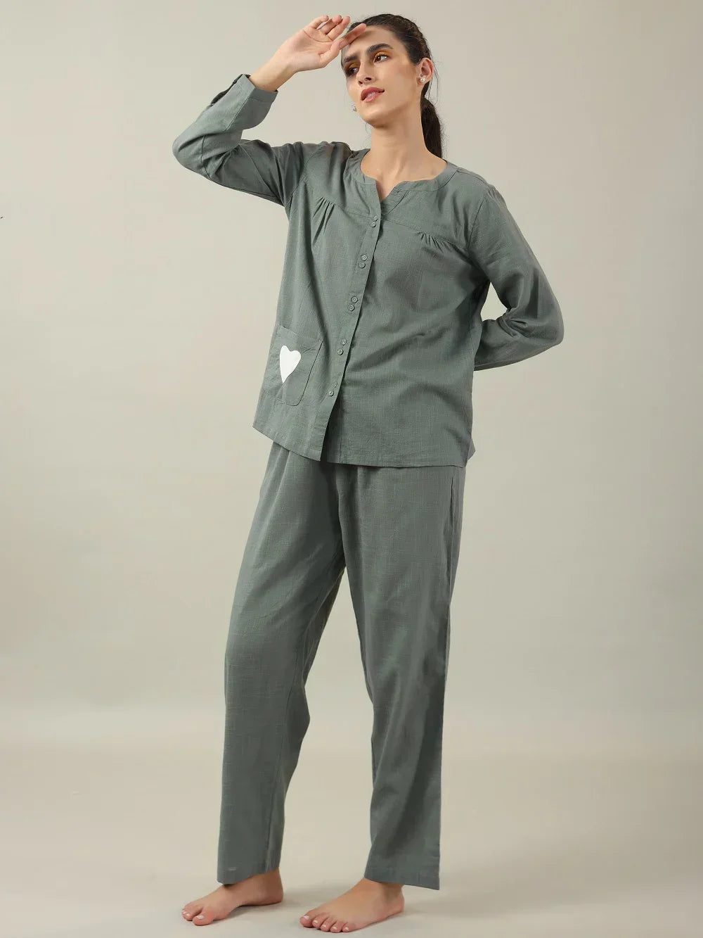 Grey solid Cotton Night SUIT - SanskrutiHomes