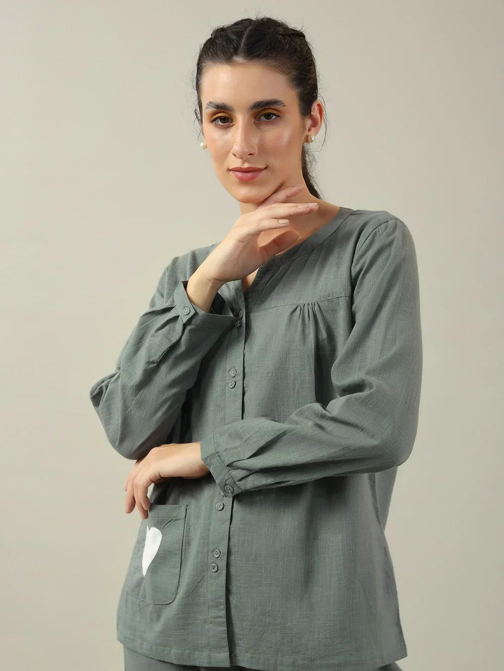 Grey solid Cotton Night SUIT - SanskrutiHomes