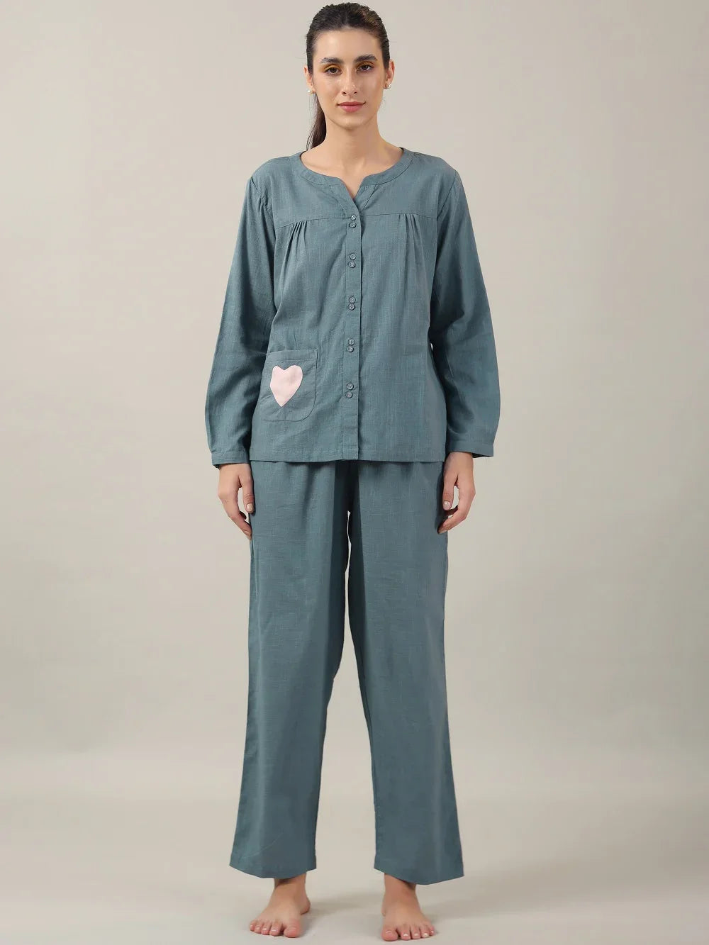 Teal Color Solid Cotton Night Suit for Women - SanskrutiHomes