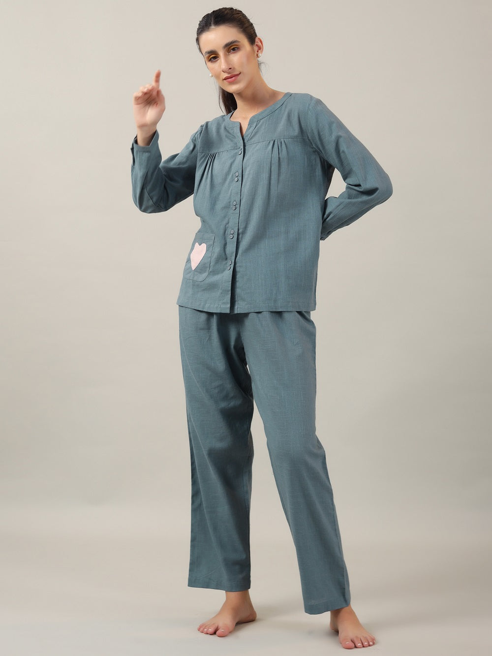 Teal Color Solid Cotton Night Suit for Women